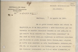 [Memorandum] N° 6877, 1936 ago. 7, Santiago, [Chile] [al] Cónsul de Chile en Oporto, señorita Lucila Godoy, Portugal