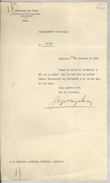 [Memorandum] N° 7436, 1935 oct. 31, Santiago, [Chile] [a la] Señorita Gabriela Mistral, Lisboa, Portugal