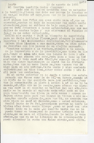 [Carta] 1955 ago. 12, Lanús, [Argentina] [a] Lucilita Godoy Alcayaga
