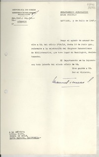 [Memorandum] N° 008468, 1947 jul. 7, Santiago [a] La Señorita Lucila Godoy, Consul de Chile, Santa Barbara, California