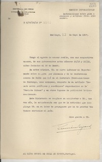 [Memorandum] N° 3965, 1937 mayo 13, Santiago, [Chile] [al] Señor Cónsul de Chile en Oporto, Portugal