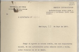 [Memorandum] N° 3965, 1937 mayo 13, Santiago, [Chile] [al] Señor Cónsul de Chile en Oporto, Portugal