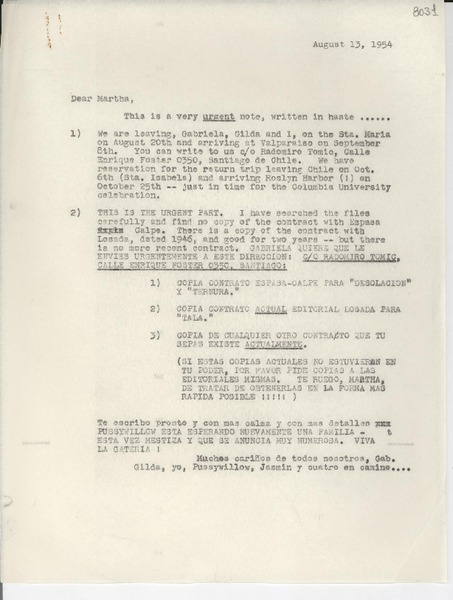 [Carta] 1954 Aug. 13, [New York] [a] Martha Salotti