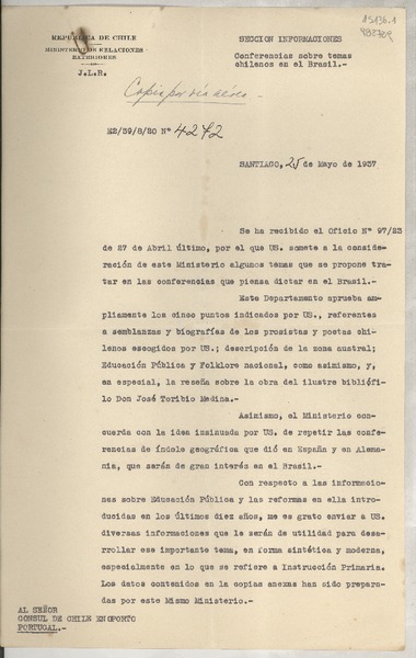 [Memorandum] N° 4272, 1937 mayo 25, Santiago, [Chile] [al] Señor Cónsul de Chile en Oporto, Portugal