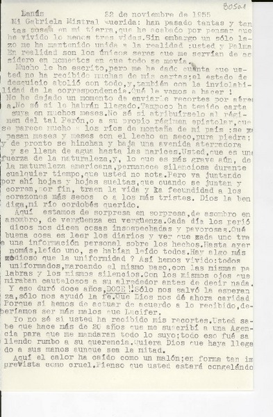 [Carta] 1955 nov. 22, Lanús, [Argentina] [a] Gabriela Mistral
