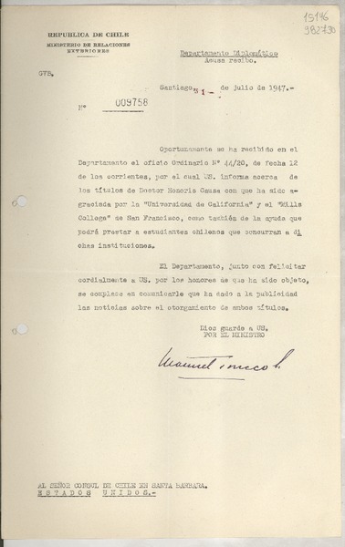 [Memorandum] N° 009758, 1947 jul. 31, Santiago [al] Señor Consul de Chile, Santa Barbara, Estados Unidos