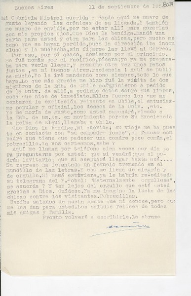 [Carta] 1954 sept. 11, Buenos Aires [a] Gabriela Mistral