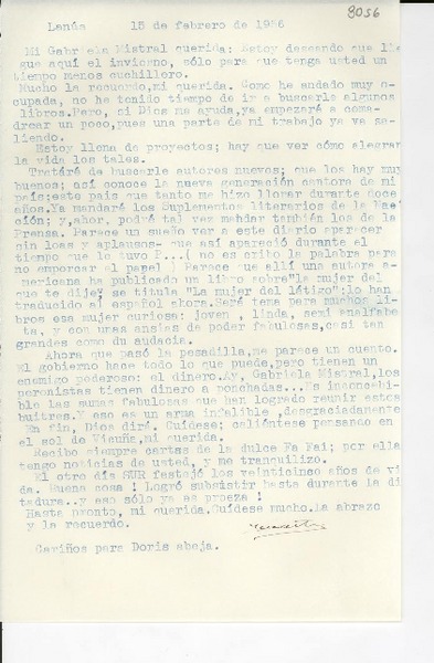 [Carta] 1956 feb. 15, Lanús, [Argentina] [a] Gabriela Mistral
