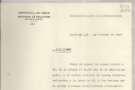 [Memorandum] N° 013506, 1947 oct. 17, Santiago [al] Señor Consul de Chile, Santa Barbara, California