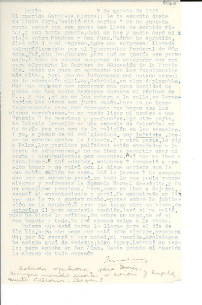 [Carta] 1956 ago. 5, Lanús, [Argentina] [a] Gabriela Mistral