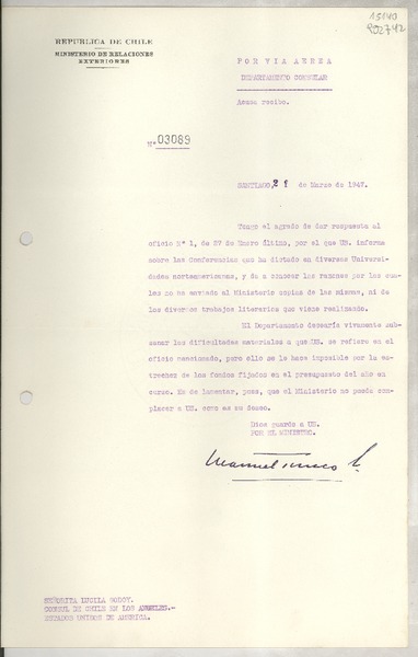 [Memorandum] N° 03089, 1947 mar. 21, Santiago, [Chile] [a la] Señorita Lucila Godoy, Cónsul de Chile en Los Angeles, Estados Unidos de América