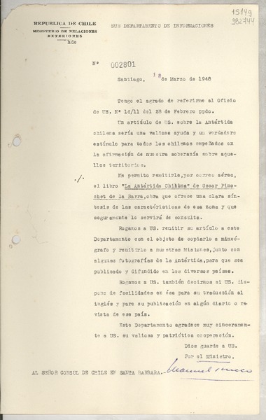 [Memorandum] N° 012801, 1948 mar. 18, Santiago [al] Señor Consul de Chile en Santa Barbara