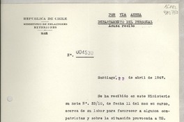 [Memorandum] N° 004530, 1947 abr. 29, Santiago, [Chile] [al] Señor Cónsul de Chile, Monrovia, Calif. , [EE.UU.]