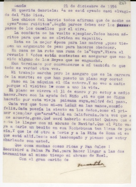 [Carta] 1956 dic. 21, Lanús, [Argentina] [a] Gabriela [Mistral]