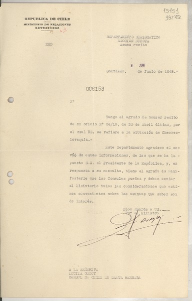 [Memorandum] N° 006153, 1948 jun. 8, Santiago [a] La Señorita Lucila Godoy, Consul de Chile en Santa Barbara