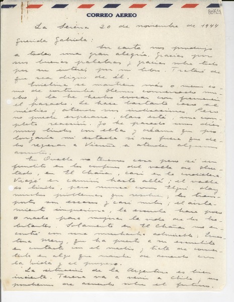 [Carta] 1944 nov. 20, La Serena, [Chile] [a] Gabriela Mistral