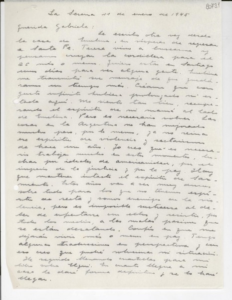 [Carta] 1945 ene. 11, La Serena, [Chile] [a] Gabriela Mistral