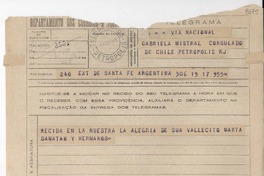 [Telegrama] 1945 nov. 17, Santa Fe, [Argentina] [a] Gabriela Mistral, Petrópolis
