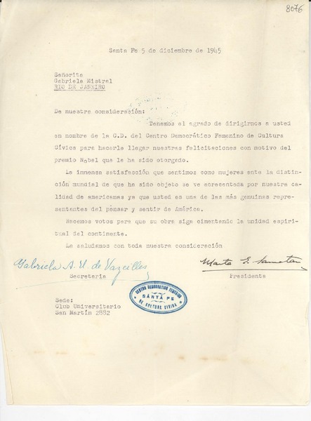 [Carta] 1945 dic. 5, Santa Fe, [Argentina] [a] Gabriela Mistral, Río de Janeiro