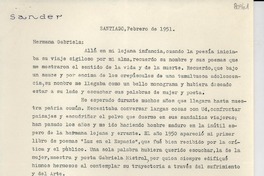 [Carta] 1951 feb., Santiago, [Chile] [a] Gabriela [Mistral]