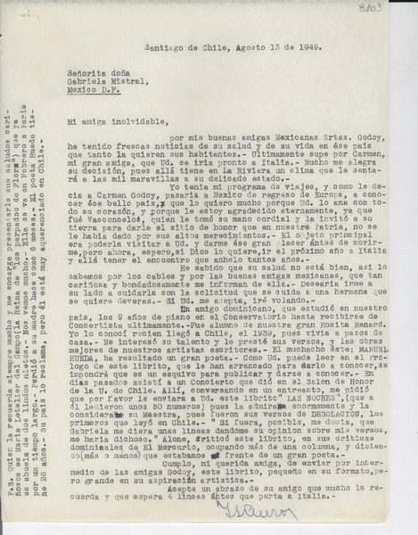 [Carta] 1949 ago. 13, Santiago, Chile [a] Gabriela Mistral, México D.F.