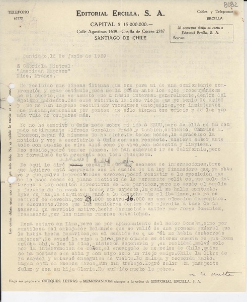 [Carta] 1939 jun. 12, Santiago [a] Gabriela Mistral, Nice, France