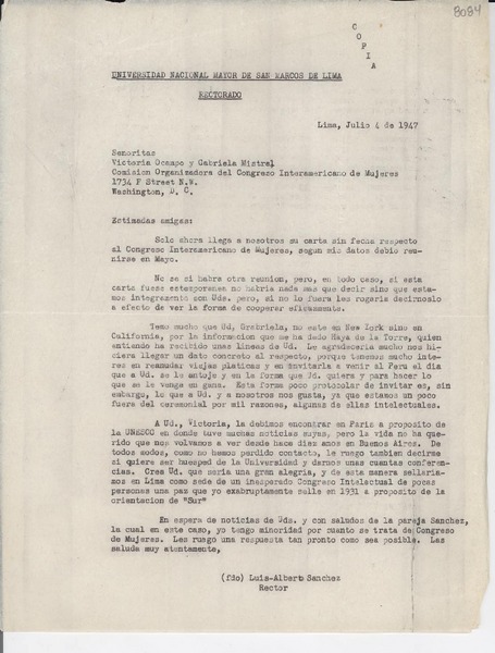 [Carta] 1947 jul. 4, Lima [a] Gabriela Mistral y Victoria Ocampo, Washington D. C.