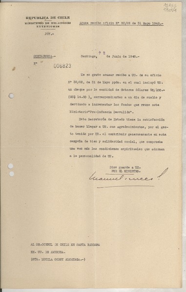 [Memorandum] N° 006823, 1948 jun. 22, Santiago, [Chile] [al] Sr. Cónsul de Chile en Santa Bárbara, EE.UU. de América (Sta. Lucila Godoy Alcayaga)