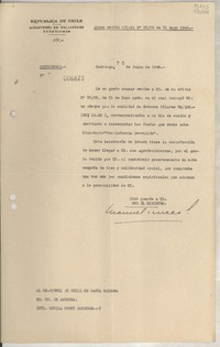 [Memorandum] N° 006823, 1948 jun. 22, Santiago, [Chile] [al] Sr. Cónsul de Chile en Santa Bárbara, EE.UU. de América (Sta. Lucila Godoy Alcayaga)