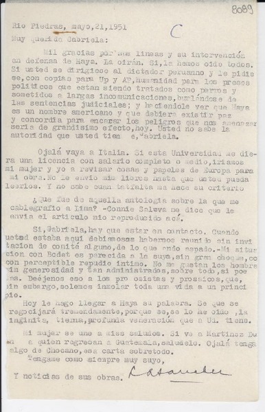 [Carta] 1951 mayo 21, Río Piedras, [Puerto Rico] [a] Gabriela Mistral