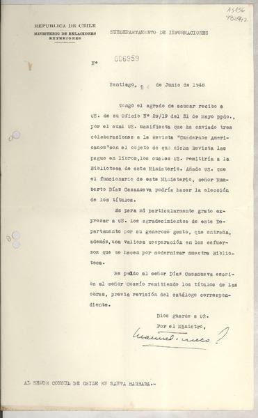 [Memorandum] N° 006959, 1948 jun. 24, Santiago, [Chile] [al] Señor Cónsul de Chile en Santa Bárbara, [EE.UU.]