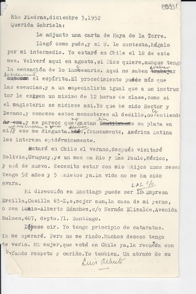 [Carta] 1952 dic. 3, Río Piedras, [Puerto Rico] [a] Gabriela Mistral