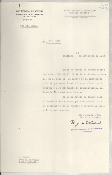 [Memorandum] N° 010828, 1948 sept. 24, Santiago, [Chile] [al] Señor Cónsul de Chile, Santa Bárbara, [EE.UU.]