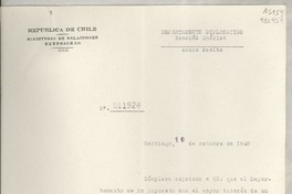 [Memorandum] N° 011928, 1948 oct. 19, Santiago, [Chile] [al] Señor Cónsul de Chile, Santa Bárbara, [EE.UU.]