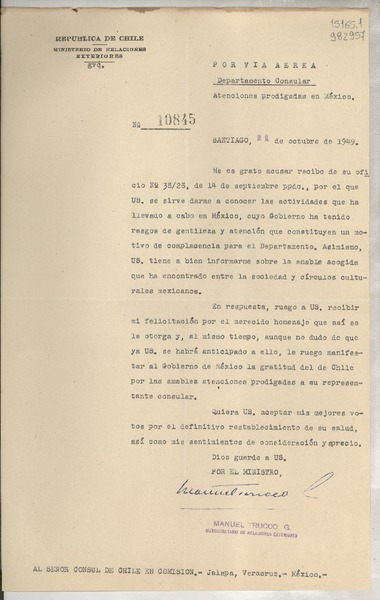 [Memorandum] N° 10845, 1949 oct. 21, Santiago [al] Señor Consul de Chile en comisión, Jalapa, Veracruz, México