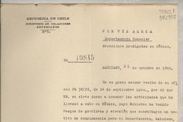 [Memorandum] N° 10845, 1949 oct. 21, Santiago [al] Señor Consul de Chile en comisión, Jalapa, Veracruz, México