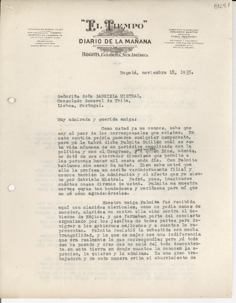[Carta] 1935 nov. 18, Bogotá [a] Gabriela Mistral, Lisboa, Portugal