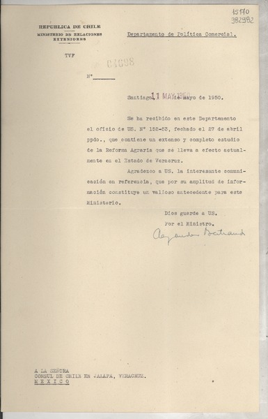 [Memorandum] N° 04698, 1950 mayo 11, Santiago [a] la Señora Consul de Chile en Jalapa, Veracruz, México