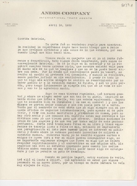 [Carta] 1950 abr. 18, Los Angeles, California, [EE.UU.] [a] Gabriela [Mistral]