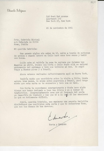[Carta] 1951 nov. 21, New York, [EE.UU.] [a] Gabriela Mistral, Roma, Italia
