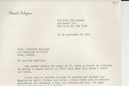 [Carta] 1951 nov. 21, New York, [EE.UU.] [a] Gabriela Mistral, Roma, Italia