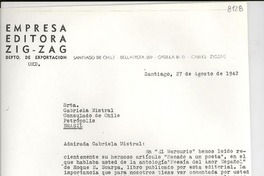 [Carta] 1942 ago. 27, Santiago [a] Gabriela Mistral, Petrópolis, Brasil