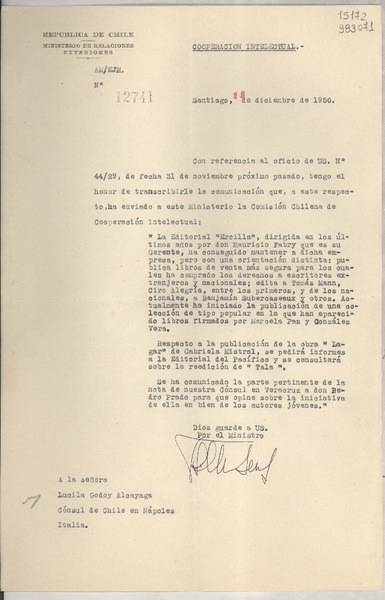 [Memorandum] N° 12741, 1950 dic. 11, Santiago [a] la señora Lucila Godoy Alcayaga, Cónsul de Chile en Nápoles, Italia