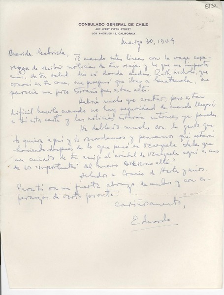 [Carta] 1949 mar. 30, Los Angeles, California [a] Gabriela Mistral