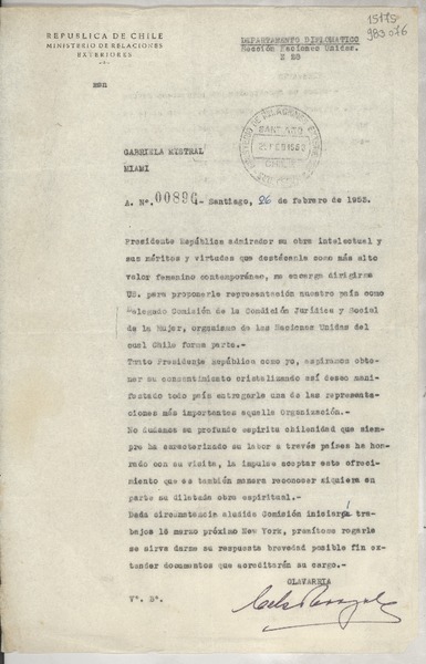 [Memorandum] N° 00896, 1953 feb. 26, Santiago [a] Gabriela Mistral, Miami