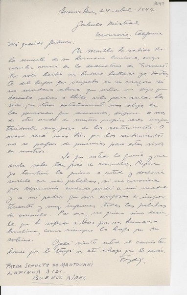 [Carta] 1947 abr. 24, Buenos Aires, [Argentina] [a] Gabriela Mistral, Monrovia, California, [EE.UU.]