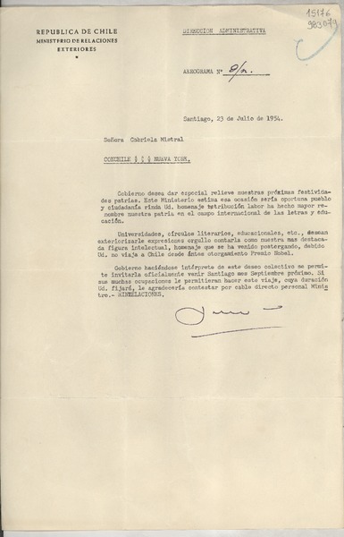 Aerograma SN 1954 jul. 23, Santiago [a] Señora Gabriela Mistral, Consulado de Chile, Nueva York