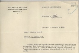 Aerograma SN 1954 jul. 23, Santiago [a] Señora Gabriela Mistral, Consulado de Chile, Nueva York