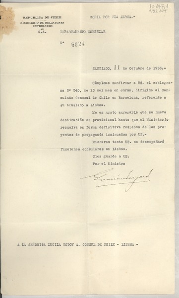 [Memorandum] N° 6924, 1935 oct. 11, Santiago, [Chile] [a la] Señorita Lucila Godoy A., Cónsul de Chile, Lisboa, [Portugal]