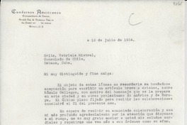 [Carta] 1954 jul. 12, México D. F. [a la] Srita. Gabriela Mistral, Consulado de Chile, Habana, Cuba